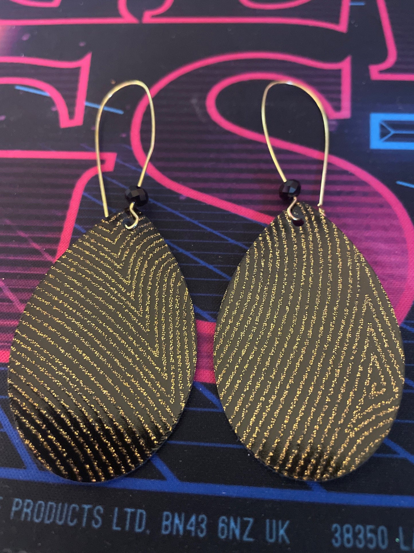 Black Leather Fingerprint Teardrop Earrings