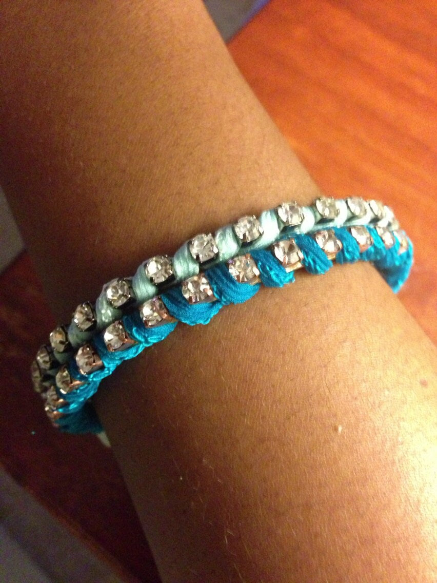Silk Ribbon Wrapped Rhinestone Bangles