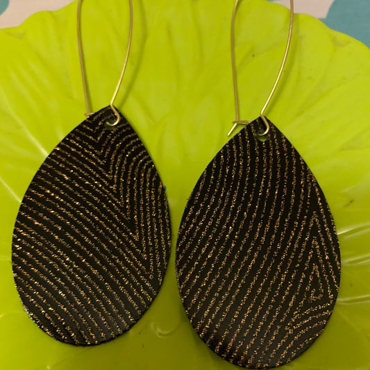 Black Leather Fingerprint Teardrop Earrings