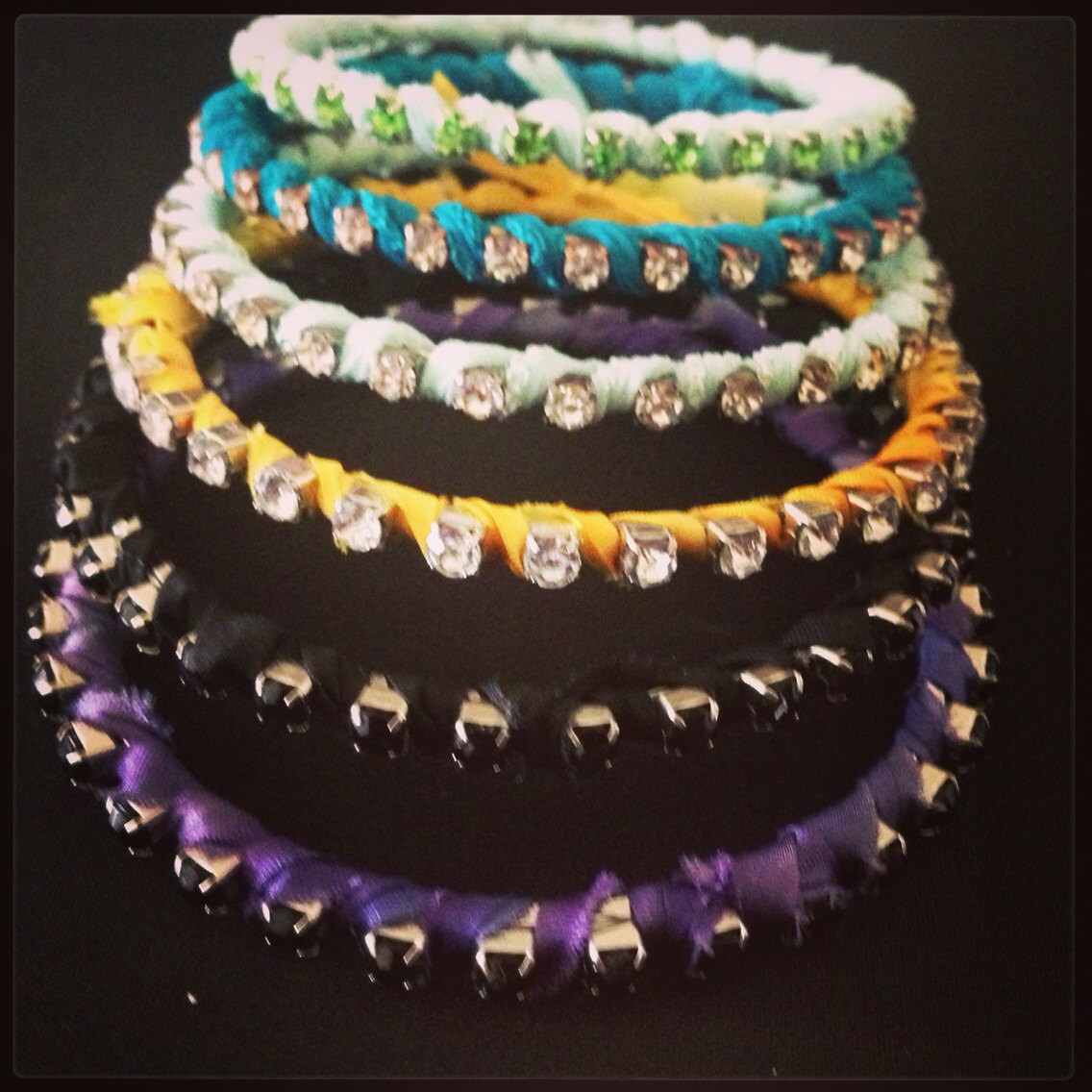 Silk Ribbon Wrapped Rhinestone Bangles