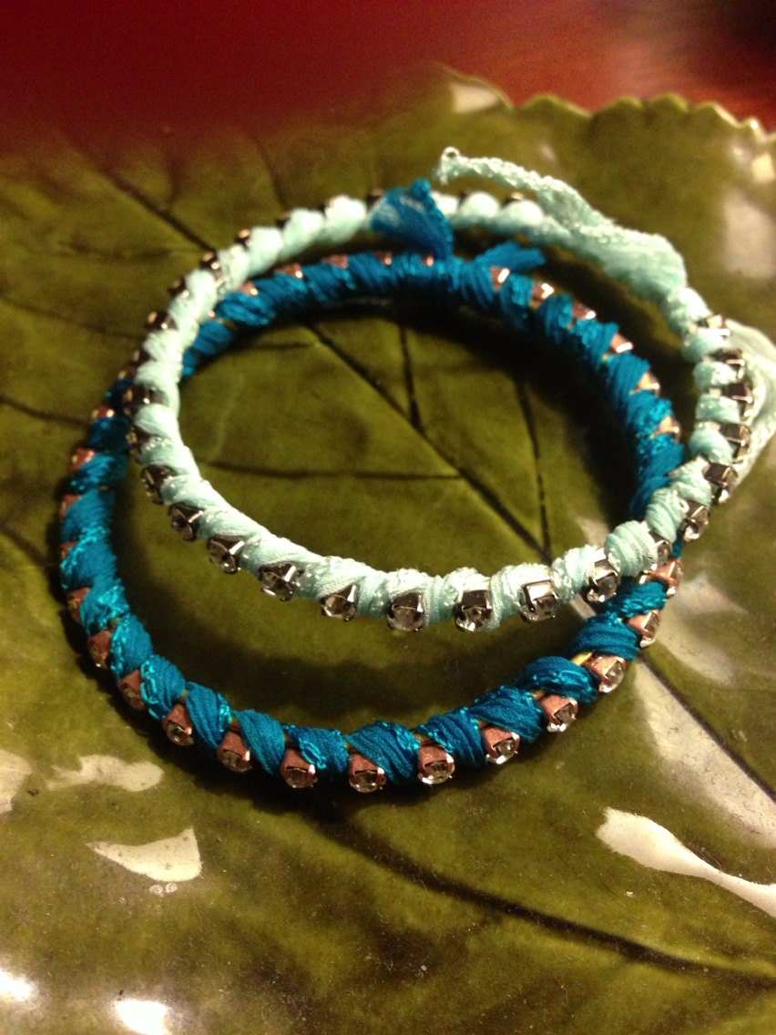 Silk Ribbon Wrapped Rhinestone Bangles