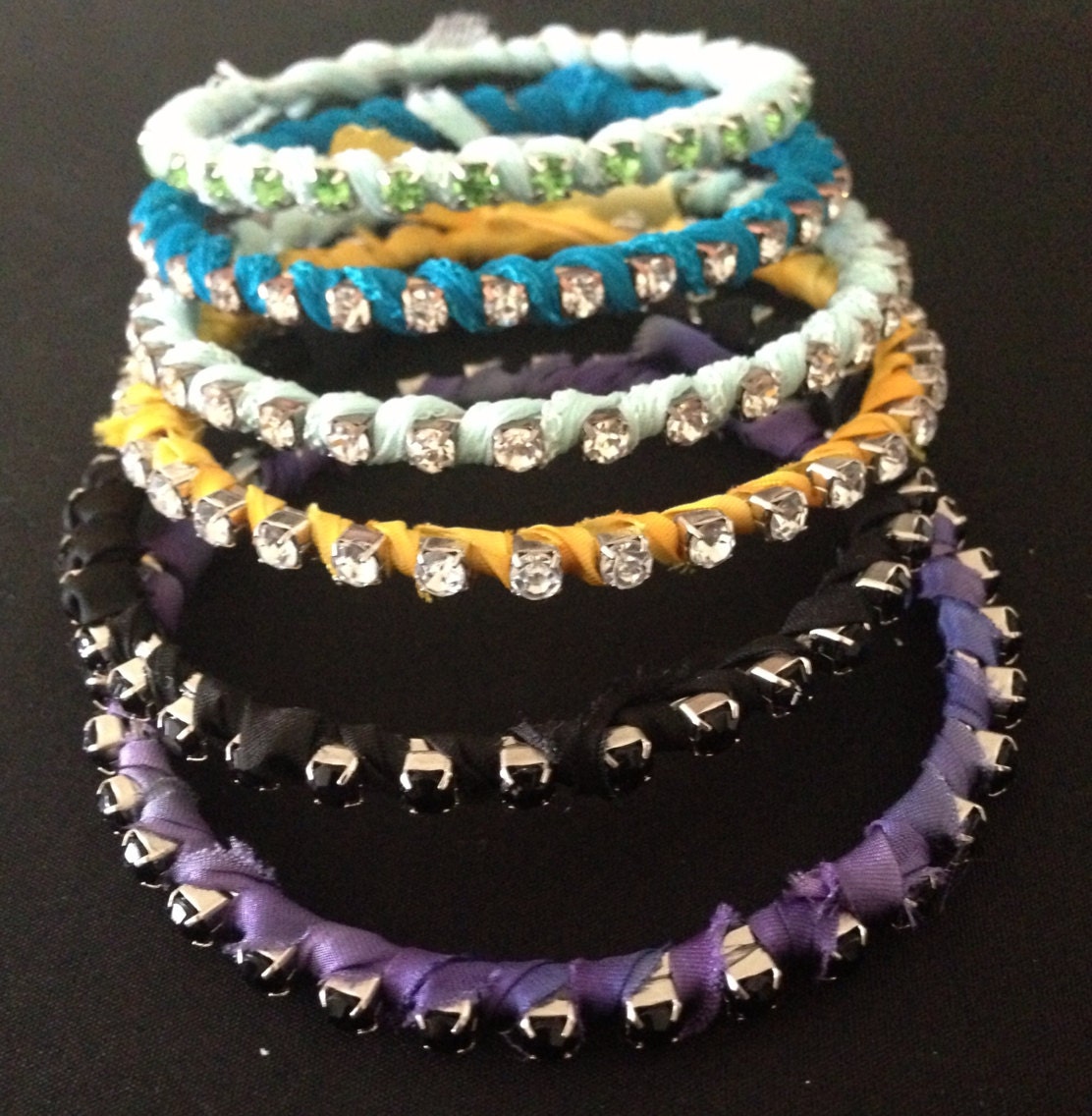 Silk Ribbon Wrapped Rhinestone Bangles